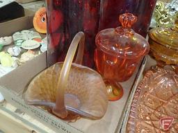 Colored glass covered candy dishes, basket, centerpiece bowl, cream/sugar, and vases,