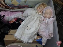 Dolls, afghan, quilt, ladies shoes, purse, frames, greeting cards, and home decorating items.