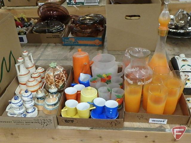 Glass pitcher and glasses sets, childs porcelain cups/saucers, porcelain condiment sets.