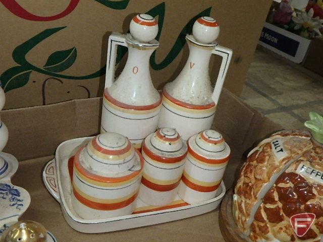 Glass pitcher and glasses sets, childs porcelain cups/saucers, porcelain condiment sets.