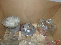 Clear glass divided platters, covered snack jar, bowls, relish/candy dishes.