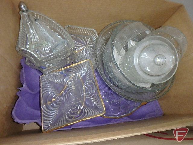 Clear glass divided platters, covered snack jar, bowls, relish/candy dishes.