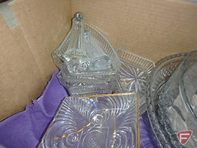 Clear glass divided platters, covered snack jar, bowls, relish/candy dishes.