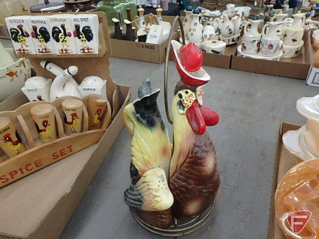 Chicken/rooster condiment sets, porcelain and wood