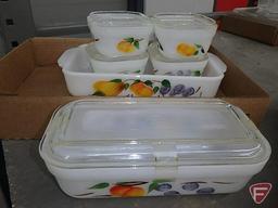 Fire King painted ovenware, refrigerator dishes, casseroles. Contents of 2 boxes.