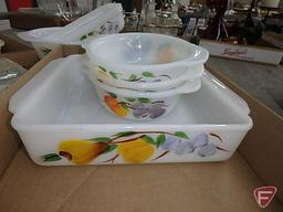 Fire King painted ovenware, refrigerator dishes, casseroles. Contents of 2 boxes.