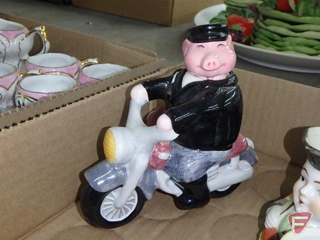 Toby mugs, child's tea sets, motorcycle salt and pepper, some Toby mugs are Occupy Japan, both boxes