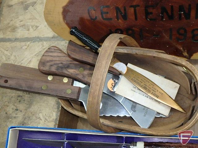 Spec cast metal McCormick Deering, Massey Harris belt buckles, commemorative presidential knife