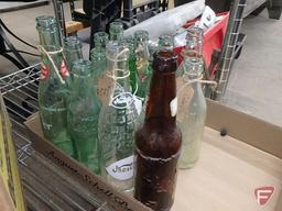 Assortment of jars and bottles, Contents of 4 boxes on bottom shelf of cart