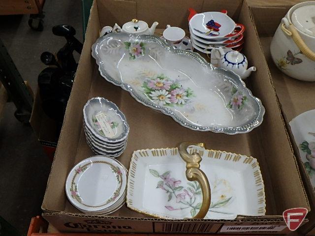 Tea set, relish dishes, candle holders, covered dishes, all four boxes