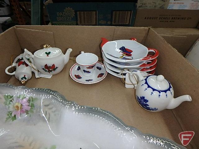 Tea set, relish dishes, candle holders, covered dishes, all four boxes