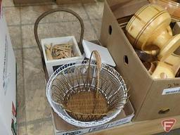 Handcrafted wood bowls, metal baskets, clothes pins, both boxes