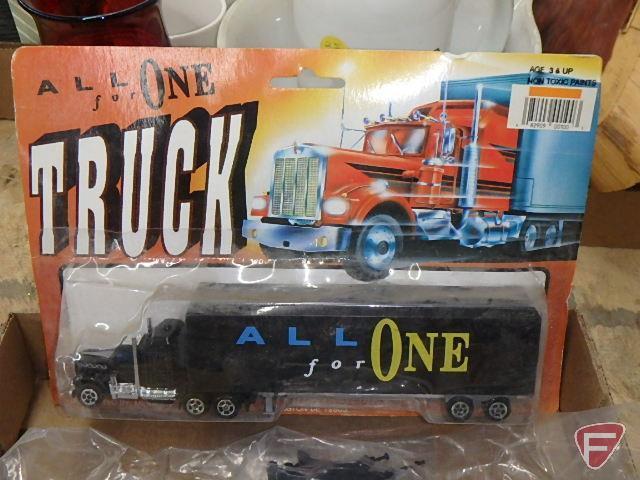 Road Champs diecast collection of semi trucks, Caterpillar D350D, Havoline metal boat and others