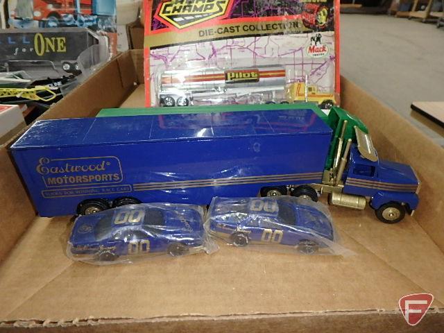 Road Champs diecast collection of semi trucks, Caterpillar D350D, Havoline metal boat and others