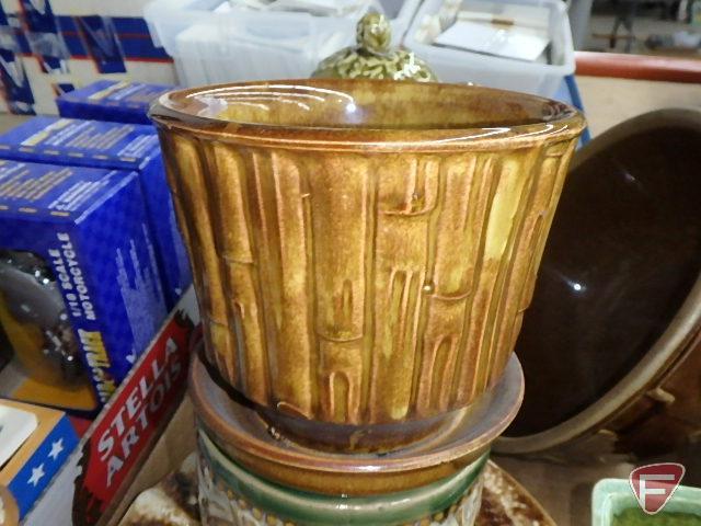 Planters, bowls, and teapot, one Red Wing, Shawnee, Hull, and others, both boxes