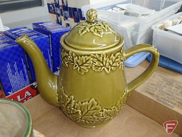 Planters, bowls, and teapot, one Red Wing, Shawnee, Hull, and others, both boxes