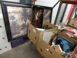 Beverly Hills picture, tray, kitchen knives, coffee pots, enamel pan, both boxes