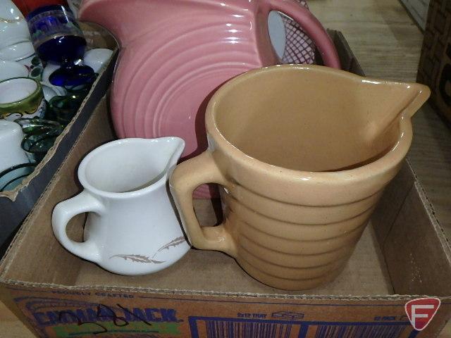 Jordan Coop Creamery pottery pitcher, Fiesta pitcher, chicken plates, and egg cups and other