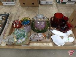 Colored glassware, bowls, toothpick holders, vases, relish dishes, red and white hob nails