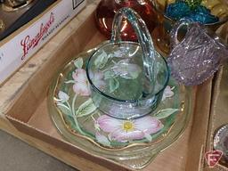 Colored glassware, bowls, toothpick holders, vases, relish dishes, red and white hob nails