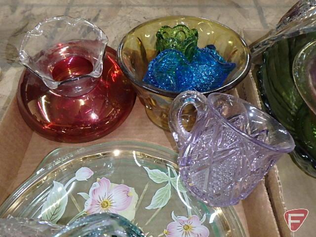 Colored glassware, bowls, toothpick holders, vases, relish dishes, red and white hob nails