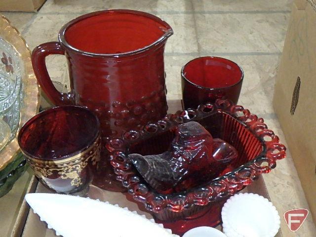 Colored glassware, bowls, toothpick holders, vases, relish dishes, red and white hob nails