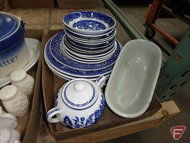 Lenox bowl, Blue Willow dishes, butter crock, salt and pepper, all three boxes