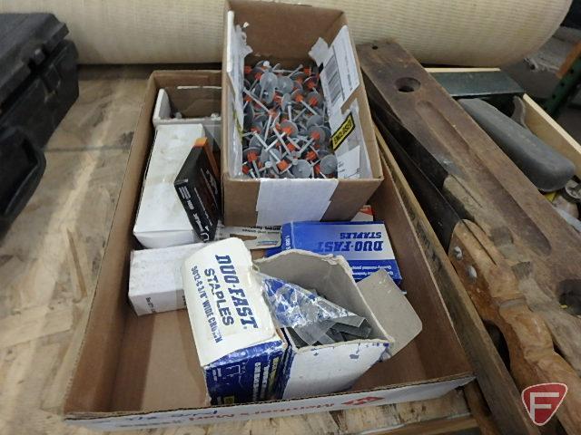 Staples, nails, hand saws, levels, oil cans, both boxes