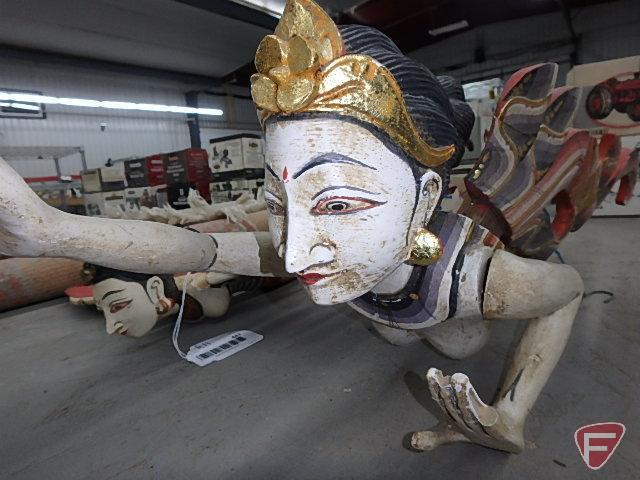 Wooden hand carved in Bali, Indonesia, demon/spirit chaser/guardian mobiles, flying goddess, mermaid