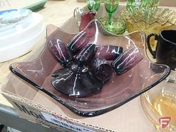 Colored glass items, yellow, amethyst, green, platters, bowls, cordials. Contents of 2 boxes