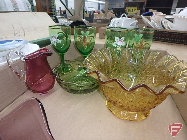 Colored glass items, yellow, amethyst, green, platters, bowls, cordials. Contents of 2 boxes