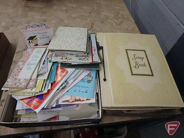 Vintage greeting cards, used, card scrap book, calendars. Contents of 2 boxes