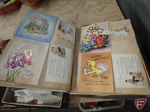 Vintage greeting cards, used, card scrap book, calendars. Contents of 2 boxes