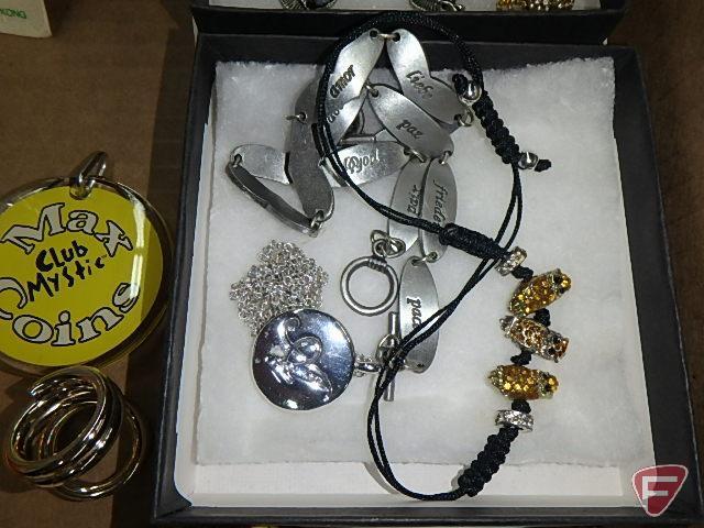 Ladies jewelry, pins, bracelets, necklaces, hand mirror, trinket box, Benrus wrist watch,