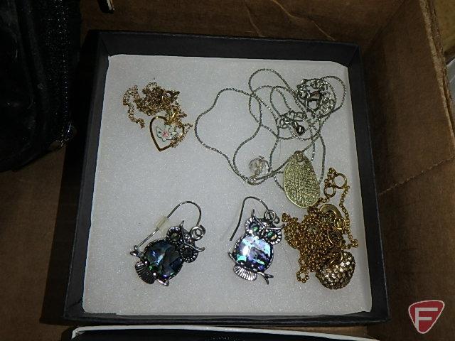 Ladies jewelry, pins, bracelets, necklaces, hand mirror, trinket box, Benrus wrist watch,
