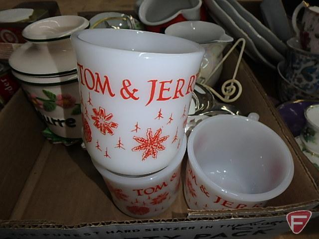 Advertising items, spice tins, cups, saucers, plates, vases, cream/sugars, Tom and Jerry mugs,