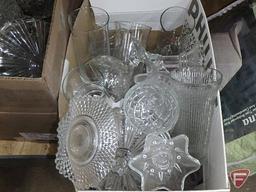 Clear glassware, vases, bowls, glasses, stemware, candle holders, candy dishes.