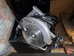 Craftsman 7in Electric Hand Saw Model 315.27802 in metal box and assortment of hand saws.