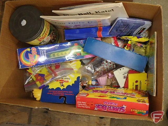 Toys, dolls, games, mobile, books, puzzle, See N Say. Contents of 4 boxes