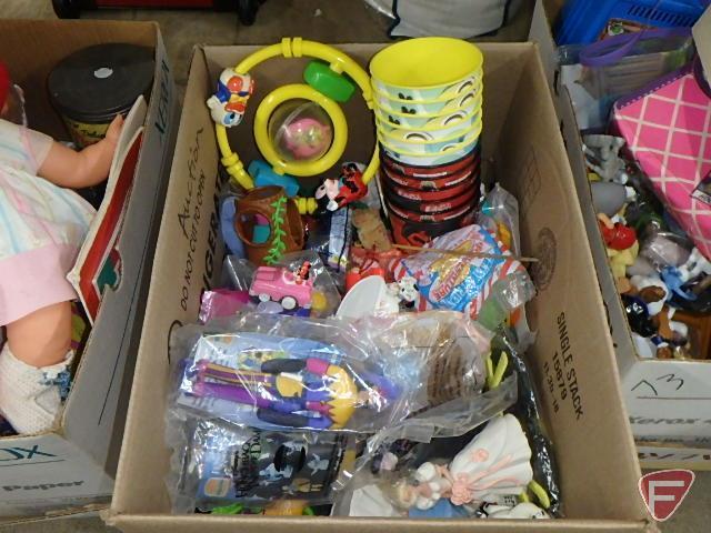 Toys, dolls, games, mobile, books, puzzle, See N Say. Contents of 4 boxes