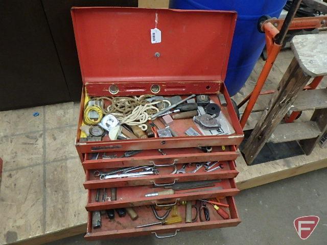 Metal tool box 26inW with wrenches, files, screwdrivers, tape measures and other hand tools.