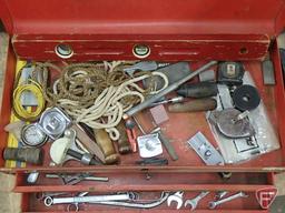 Metal tool box 26inW with wrenches, files, screwdrivers, tape measures and other hand tools.