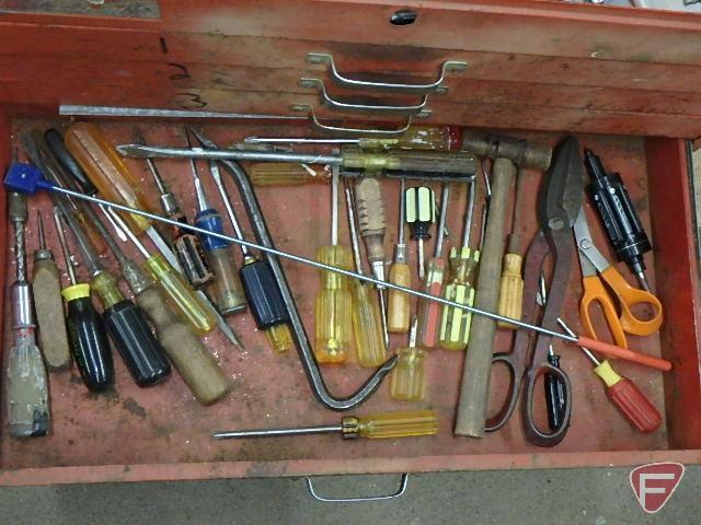 Metal tool box 26inW with wrenches, files, screwdrivers, tape measures and other hand tools.