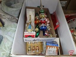 Christmas/Holiday items, ornaments, wreaths, platters, figurines, Nativity set, gift wrap storage