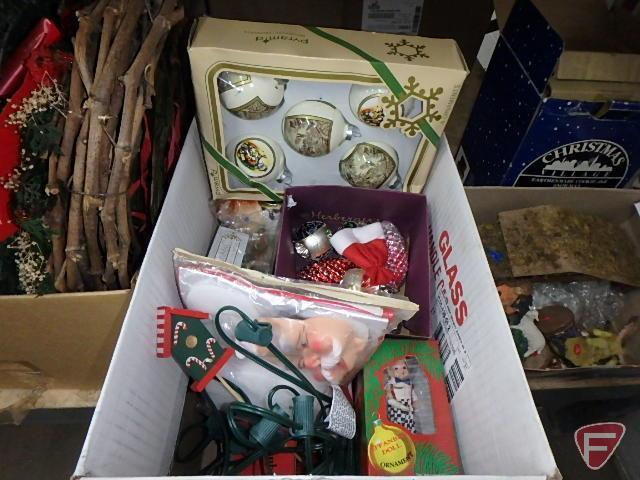 Christmas/Holiday items, ornaments, wreaths, platters, figurines, Nativity set, gift wrap storage