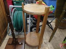 Wood stands, plant stands 39inH and 26inH, wall table 24inW. 3 pieces