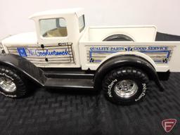 Nylint GM goodwrench parts truck, Tonka pickup camper, RC Jeep Rubicon PT cruiser