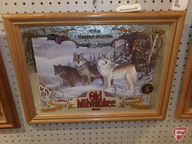 Old Milwaukee framed Wildlife Series mirror, The Timber Wolves, 16inHx21inW