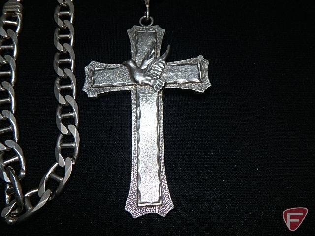 Men's 24" necklace with cross and dove, marked Sterling (3.365 troy oz);