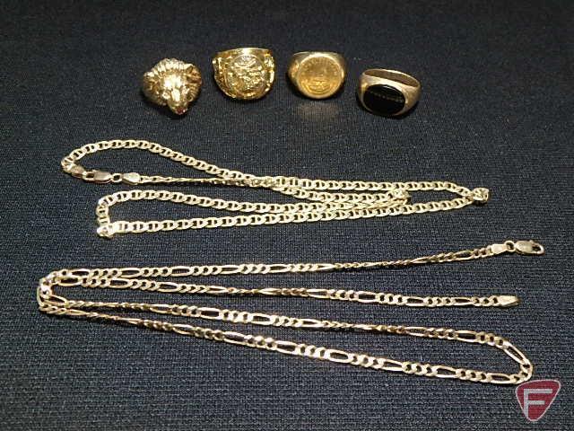 (4) men's 14k yellow Gold rings: North American Hunting Club, lion head, coin ring, black Onyx; and